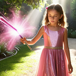 **Prompt:** A young girl, dressed in a sparkling pink dress, holding a Jouju-inspired scepter that glows with magical energy in a lush Italian garden.  Sunlight streams through the trees, illuminating dust motes dancing in the air around her.  Focus on a sense of childlike wonder and the power of imagination.