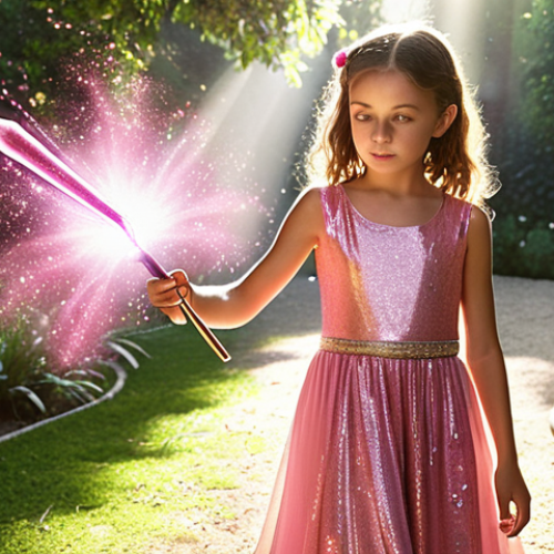 Home 11 **Prompt:** A young girl, dressed in a sparkling pink dress, holding a Jouju-inspired scepter that glows with magical energy in a lush Italian garden. Sunlight streams through the trees, illuminating dust motes dancing in the air around her. Focus on a sense of childlike wonder and the power of imagination.