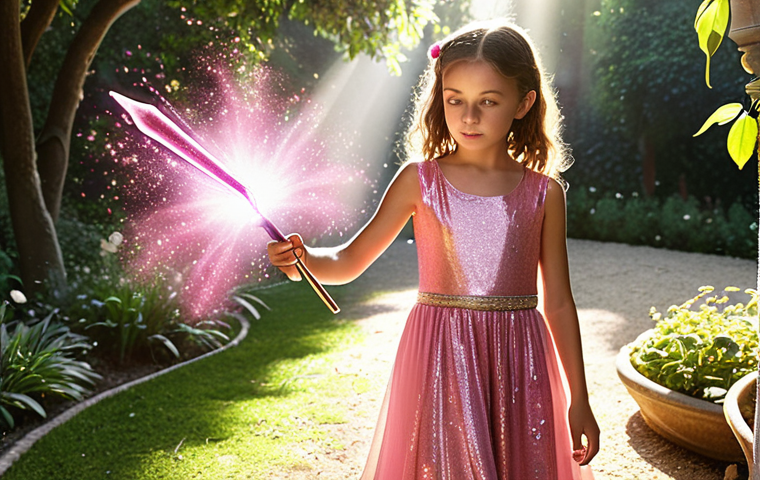 **Prompt:** A young girl, dressed in a sparkling pink dress, holding a Jouju-inspired scepter that glows with magical energy in a lush Italian garden. Sunlight streams through the trees, illuminating dust motes dancing in the air around her. Focus on a sense of childlike wonder and the power of imagination.
